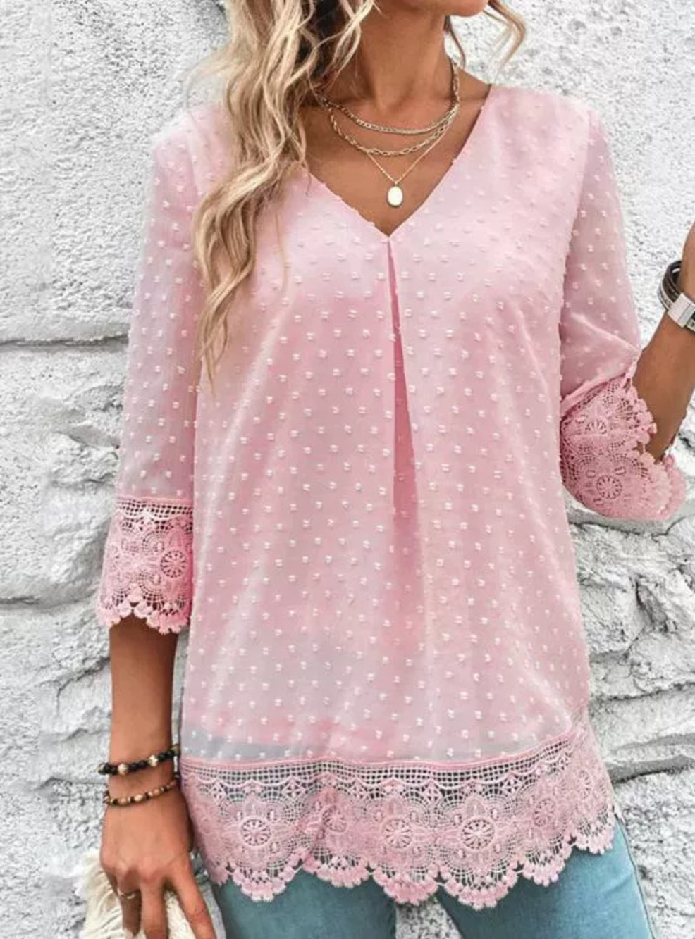 ZARA Summer Elegant V Neck Lace Cutout Three Quarter Sleeve Top